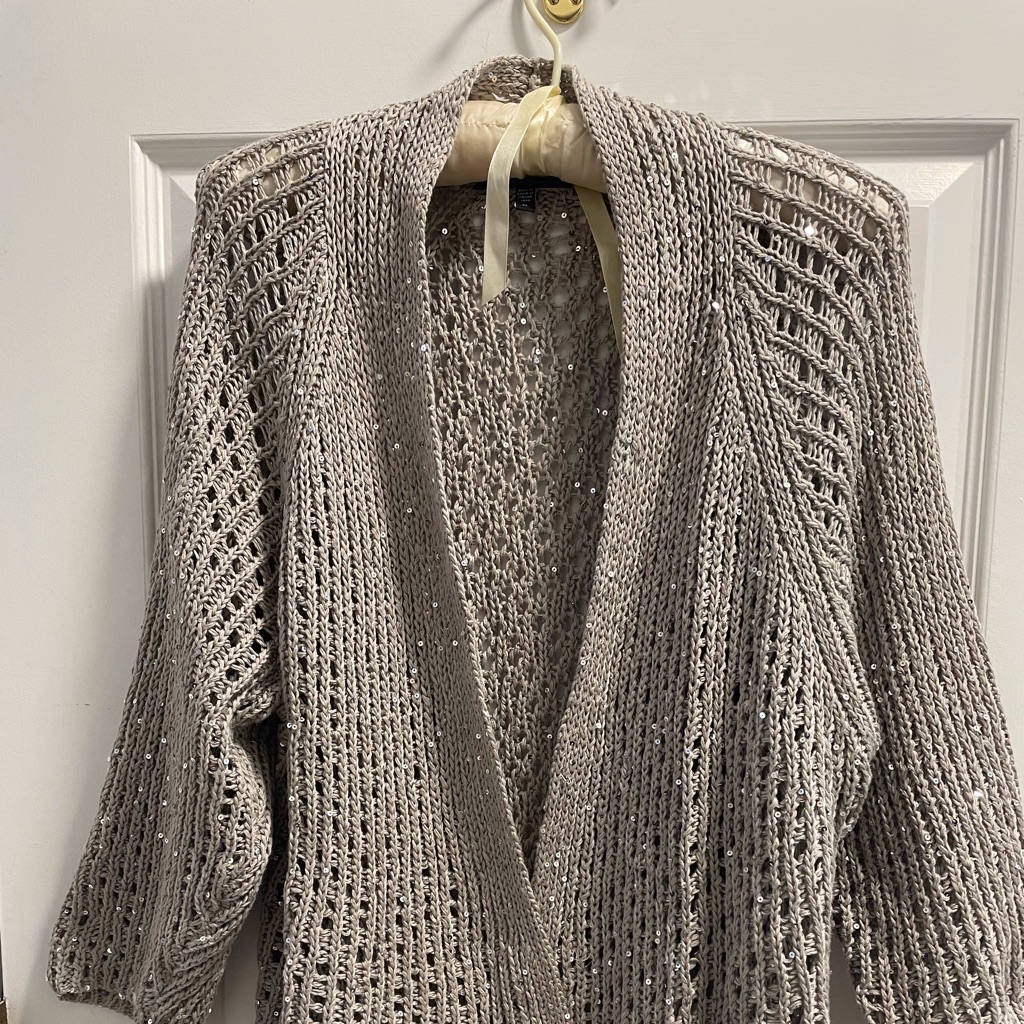 Eileen Fisher Tan Cotton Blend Crochet Cardigan With Sparkles. Xl, Runs Small.